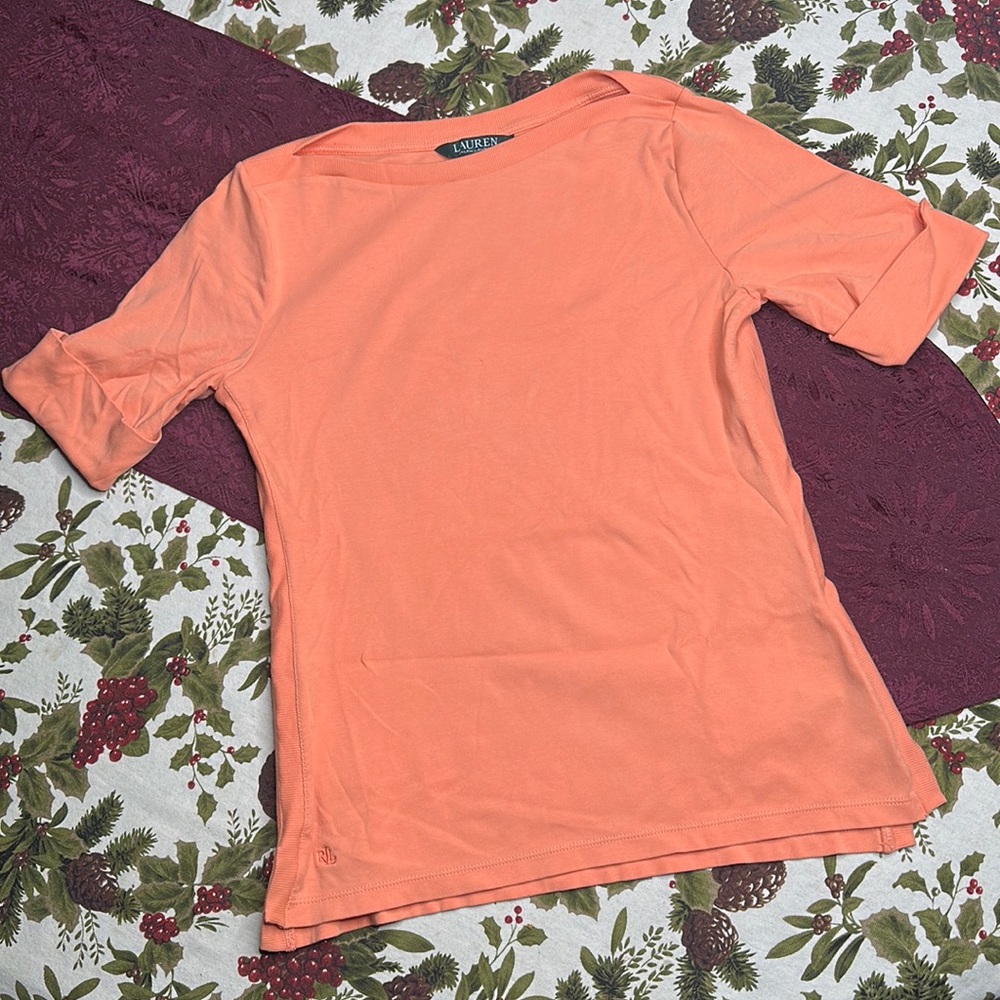 Lauren Ralph Lauren cuffed 1/4 sleeve tee rib knit detail’s peach Size M